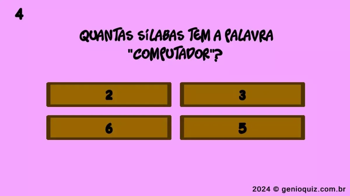 Quiz Fundamental - Quantas sílabas tem a palavra 'Computador'?