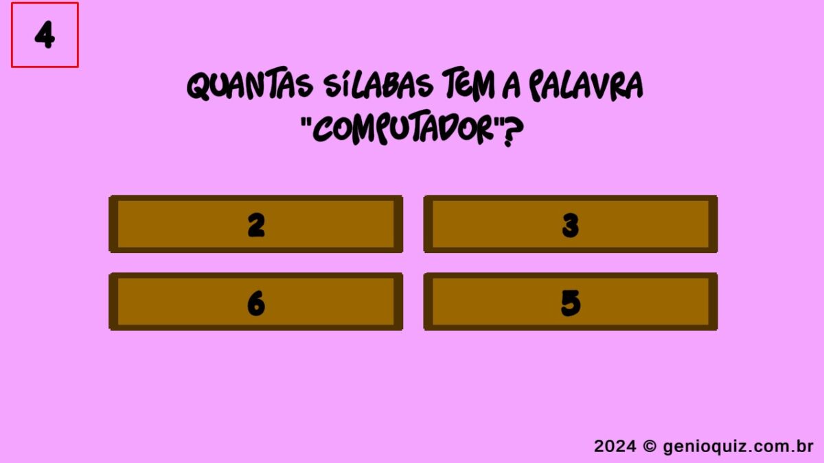 Quiz Fundamental - Quantas sílabas tem a palavra 'Computador'?